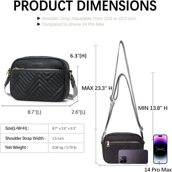 Quilted Vegan Leather Crossbody Black Bag Women Wide Strap and Shoulder Use - Picture 3 of 8